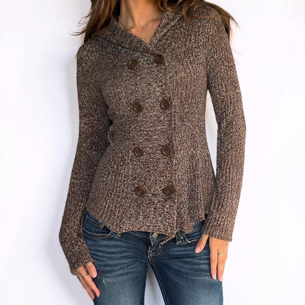 2000s Effeci Brown Marled Knit Hooded Button Front Cardigan Sweater Medium